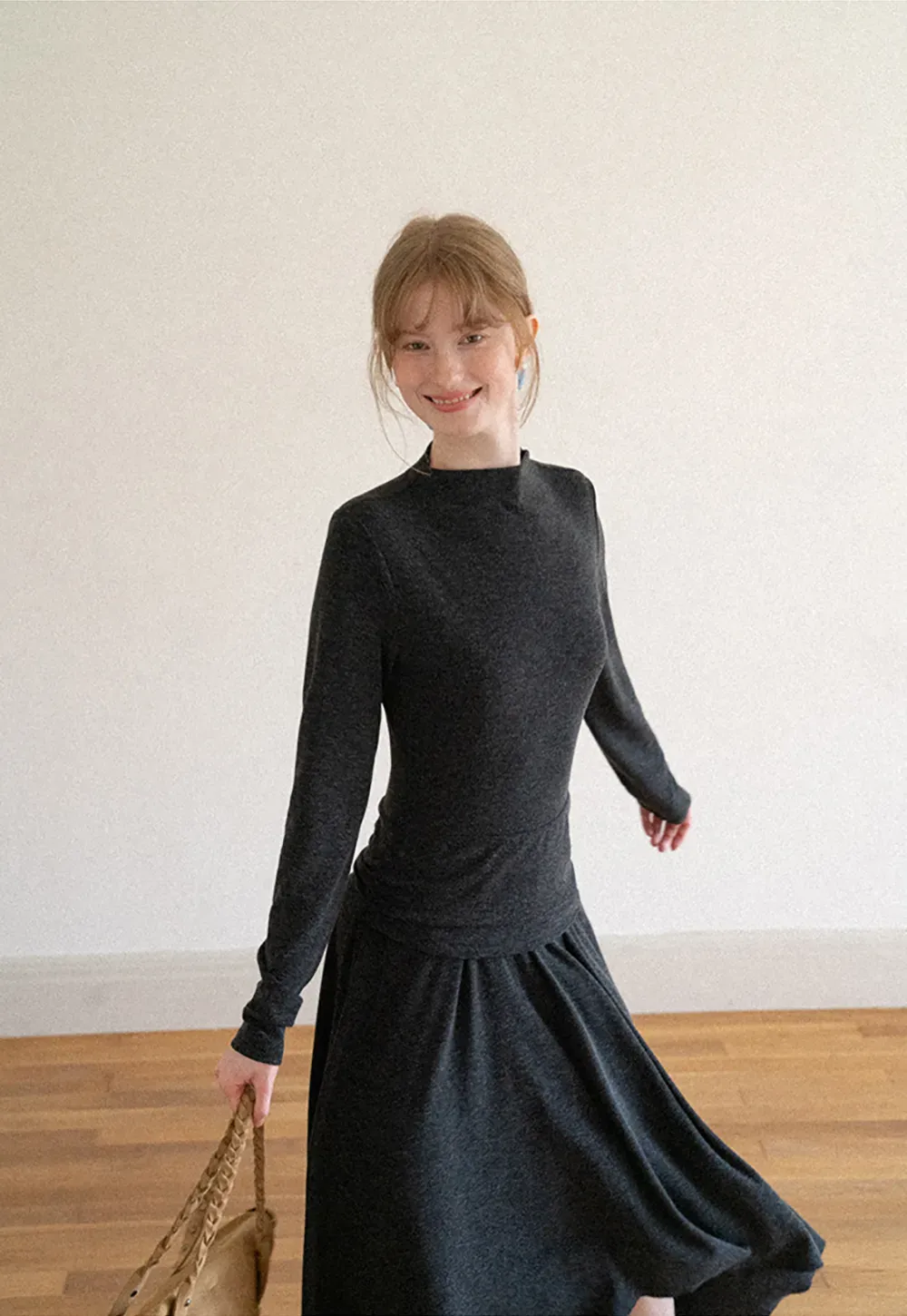 High Neck Long Sleeve Flowing Midi Dress