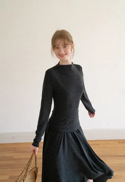 High Neck Long Sleeve Flowing Midi Dress