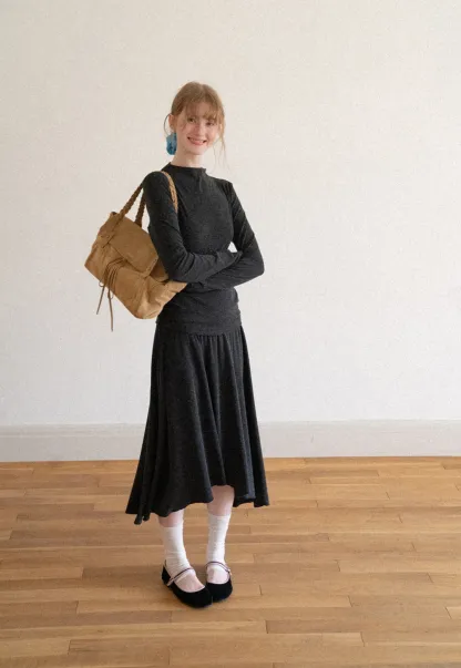 High Neck Long Sleeve Flowing Midi Dress