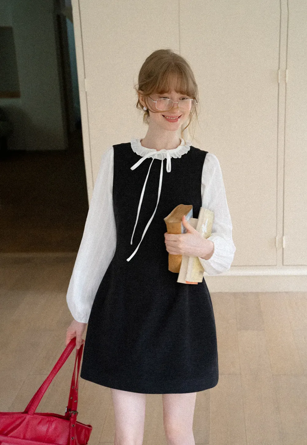 Ruffled Collar Bow Tie Sleeveless Dress with Long Sleeve Blouse