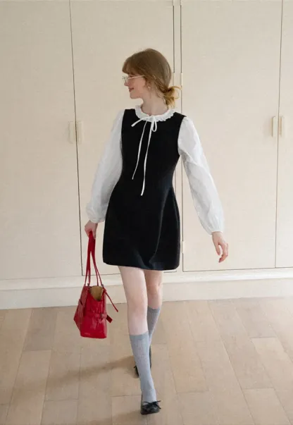 Ruffled Collar Bow Tie Sleeveless Dress with Long Sleeve Blouse