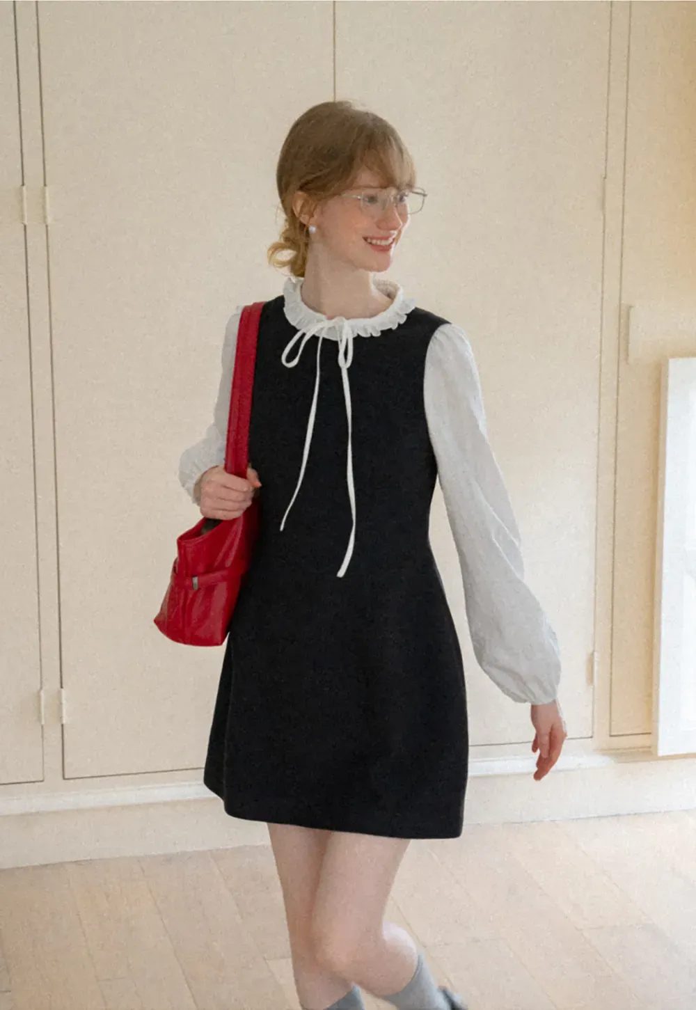 Ruffled Collar Bow Tie Sleeveless Dress with Long Sleeve Blouse