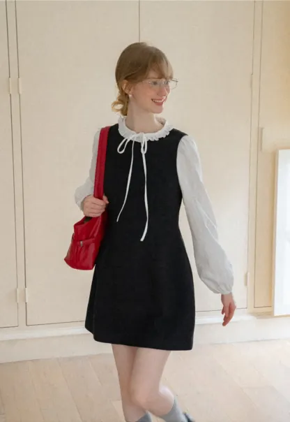 Ruffled Collar Bow Tie Sleeveless Dress with Long Sleeve Blouse