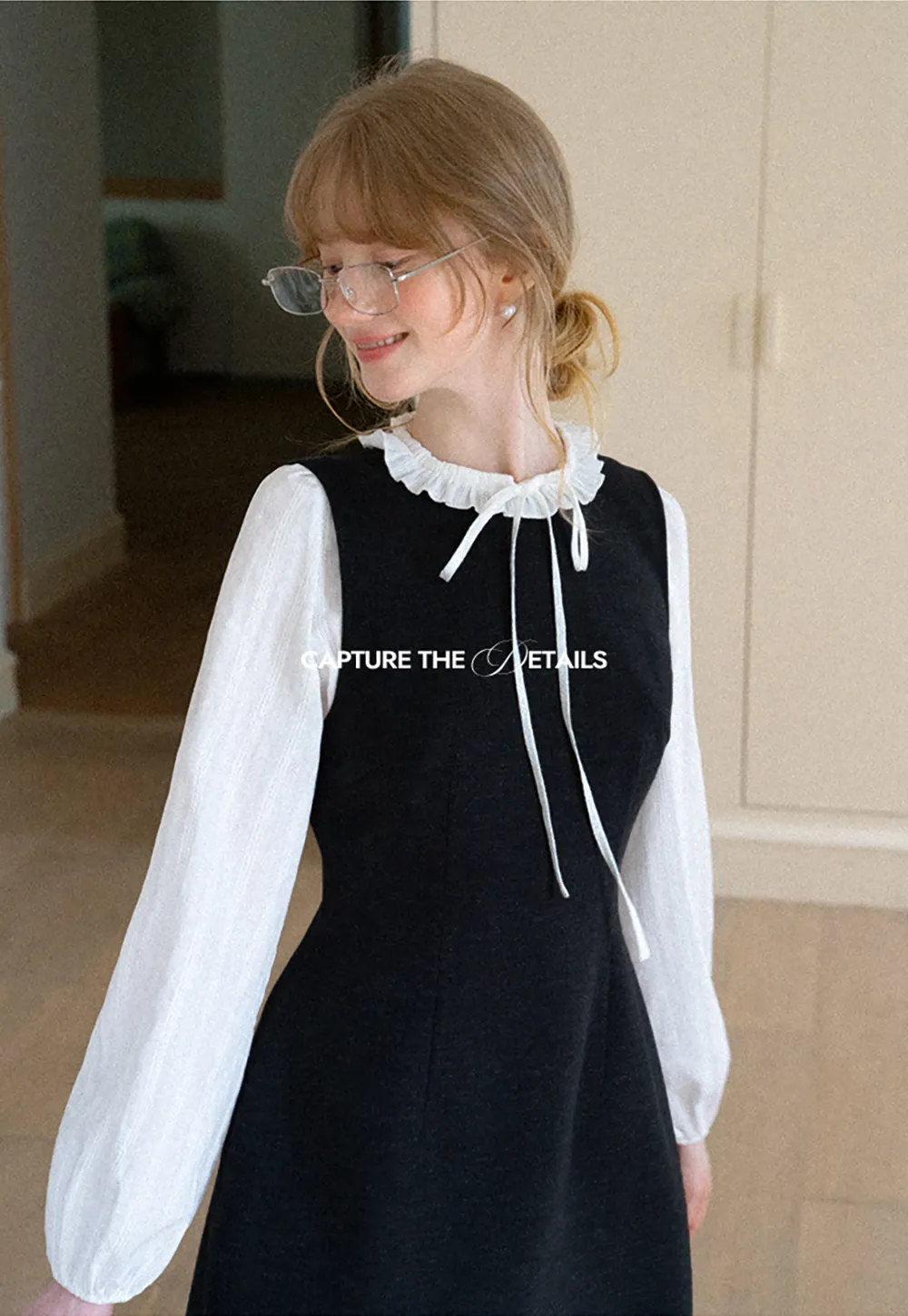 Ruffled Collar Bow Tie Sleeveless Dress with Long Sleeve Blouse
