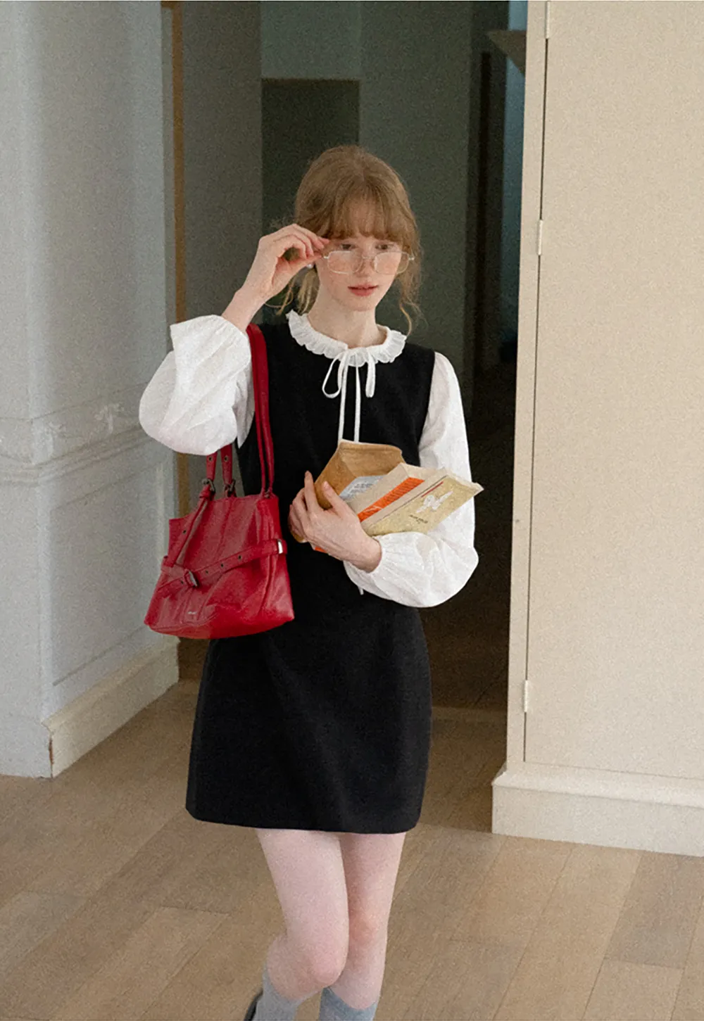 Ruffled Collar Bow Tie Sleeveless Dress with Long Sleeve Blouse