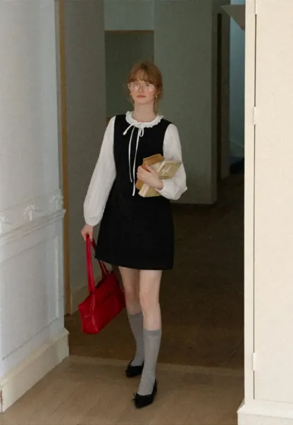 Ruffled Collar Bow Tie Sleeveless Dress with Long Sleeve Blouse