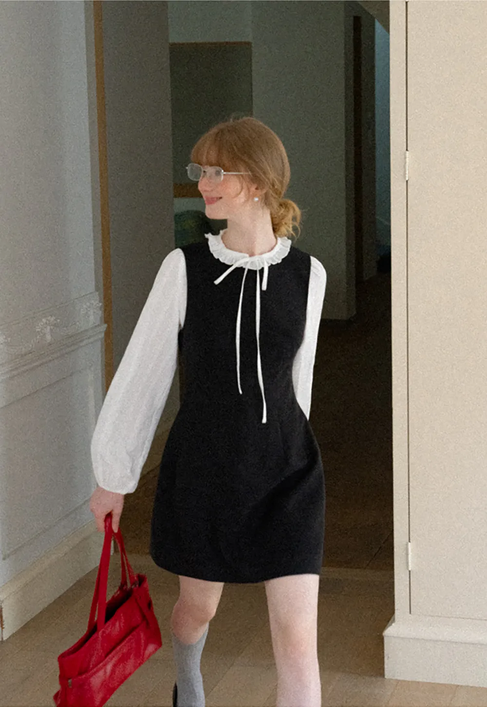 Ruffled Collar Bow Tie Sleeveless Dress with Long Sleeve Blouse