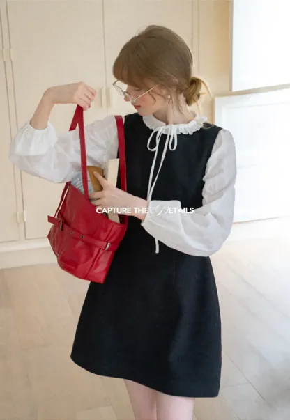 Ruffled Collar Bow Tie Sleeveless Dress with Long Sleeve Blouse