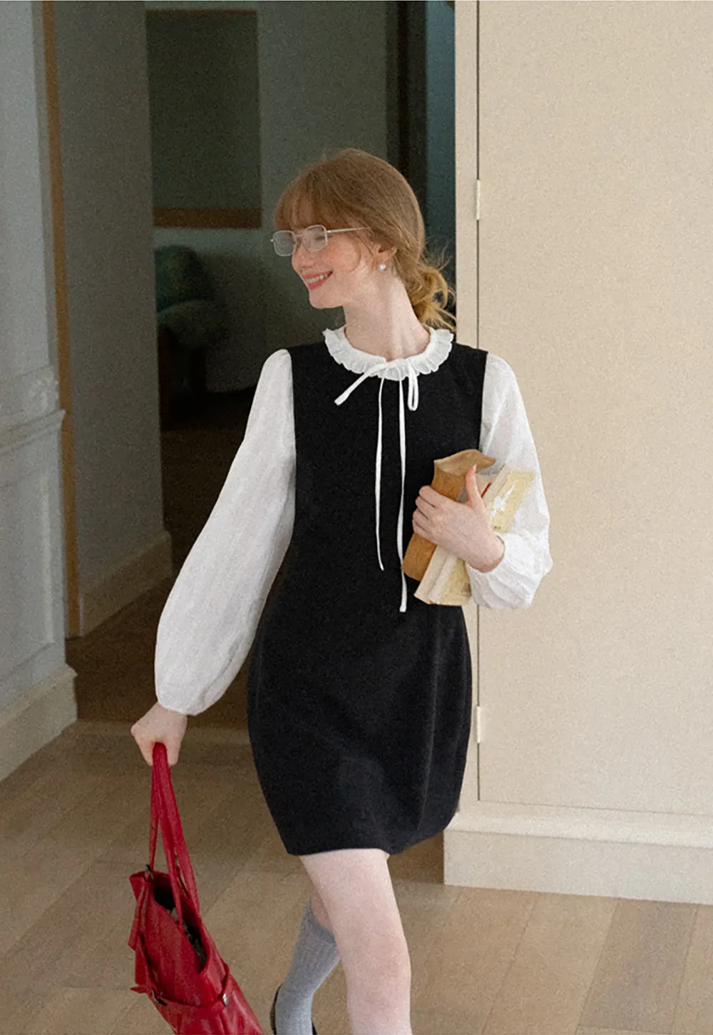 Ruffled Collar Bow Tie Sleeveless Dress with Long Sleeve Blouse