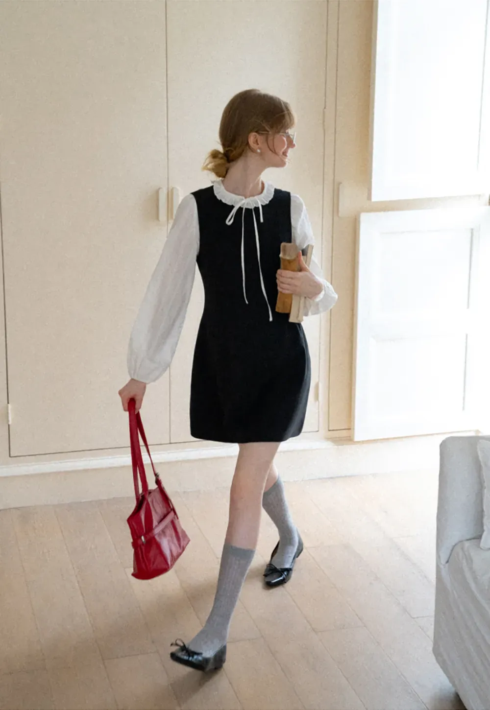 Ruffled Collar Bow Tie Sleeveless Dress with Long Sleeve Blouse