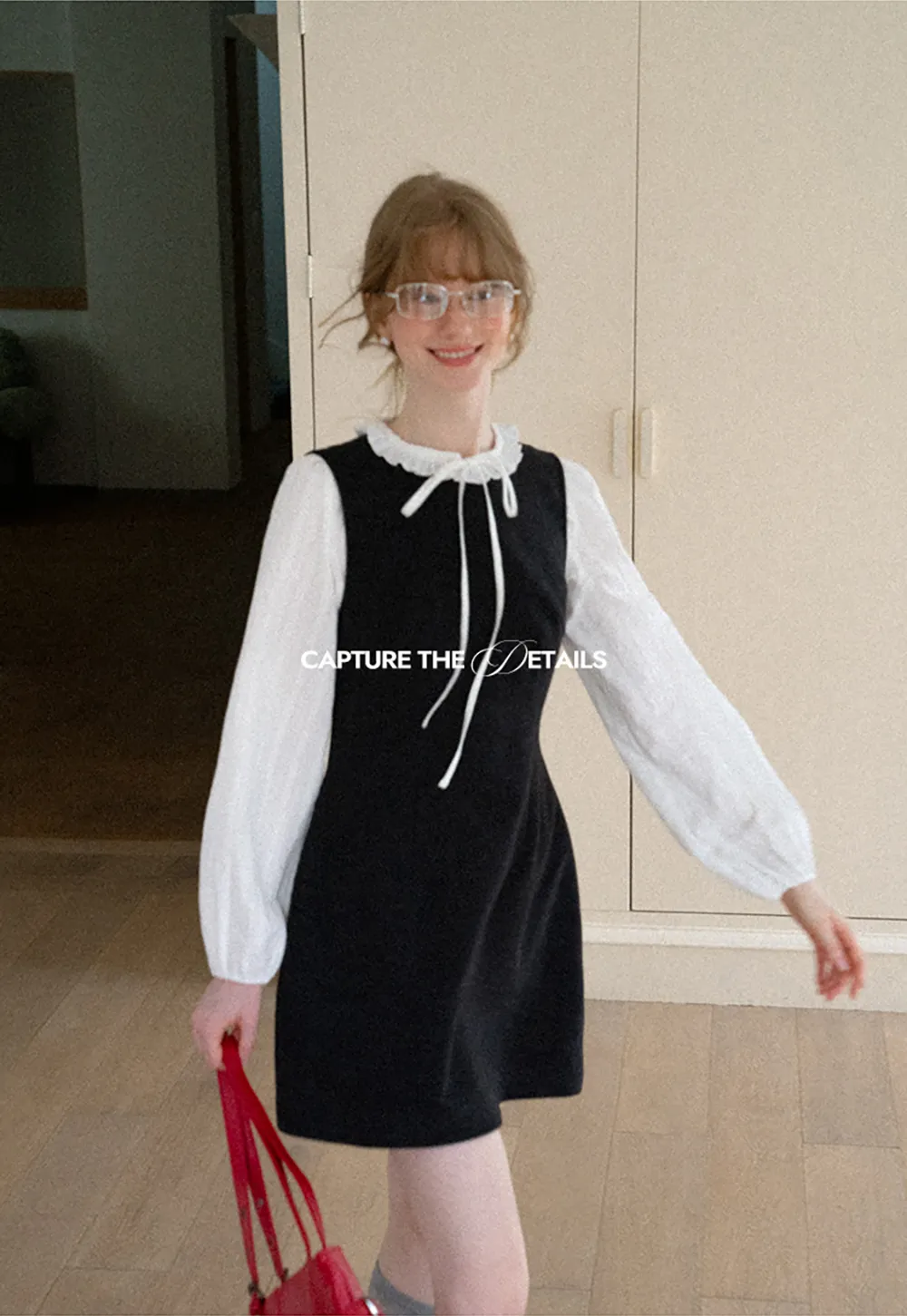 Ruffled Collar Bow Tie Sleeveless Dress with Long Sleeve Blouse