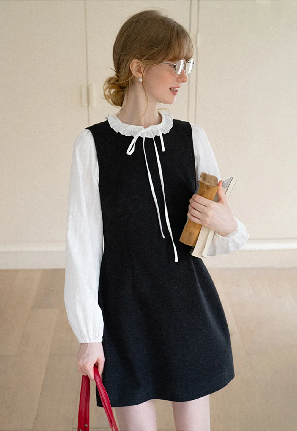 Ruffled Collar Bow Tie Sleeveless Dress with Long Sleeve Blouse