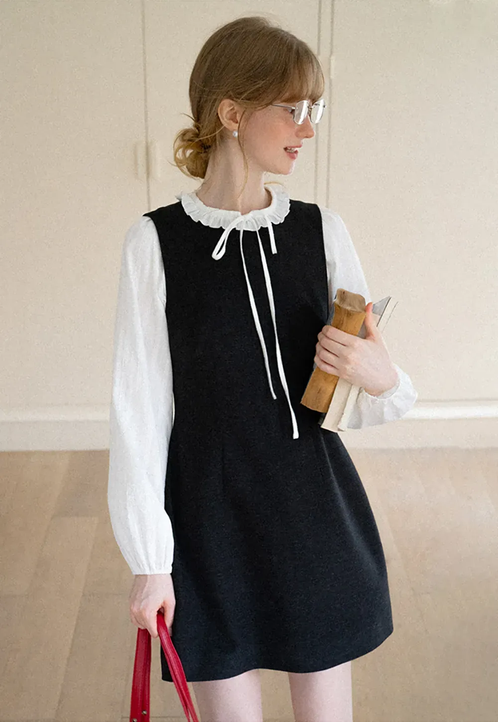 Ruffled Collar Bow Tie Sleeveless Dress with Long Sleeve Blouse