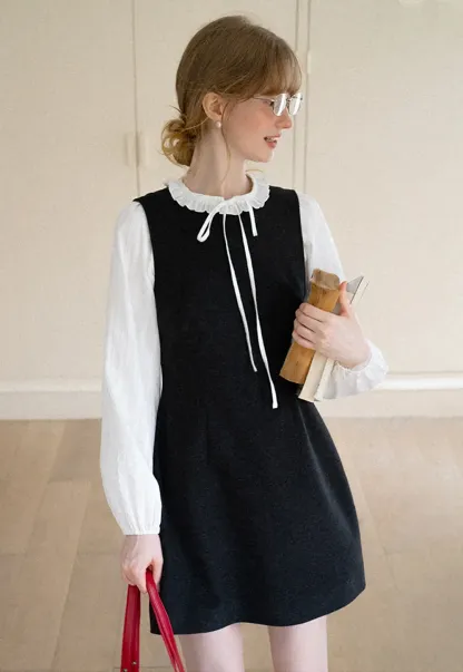Ruffled Collar Bow Tie Sleeveless Dress with Long Sleeve Blouse