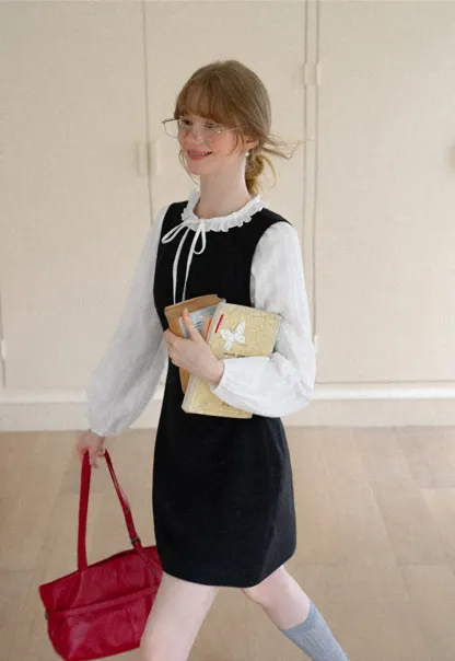 Ruffled Collar Bow Tie Sleeveless Dress with Long Sleeve Blouse