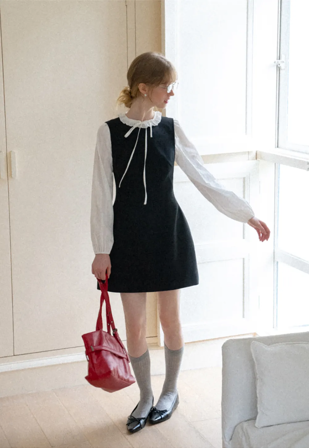 Ruffled Collar Bow Tie Sleeveless Dress with Long Sleeve Blouse