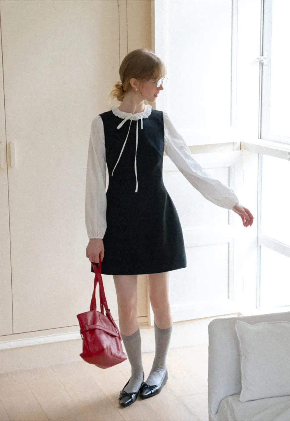 Ruffled Collar Bow Tie Sleeveless Dress with Long Sleeve Blouse