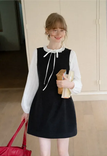 Ruffled Collar Bow Tie Sleeveless Dress with Long Sleeve Blouse