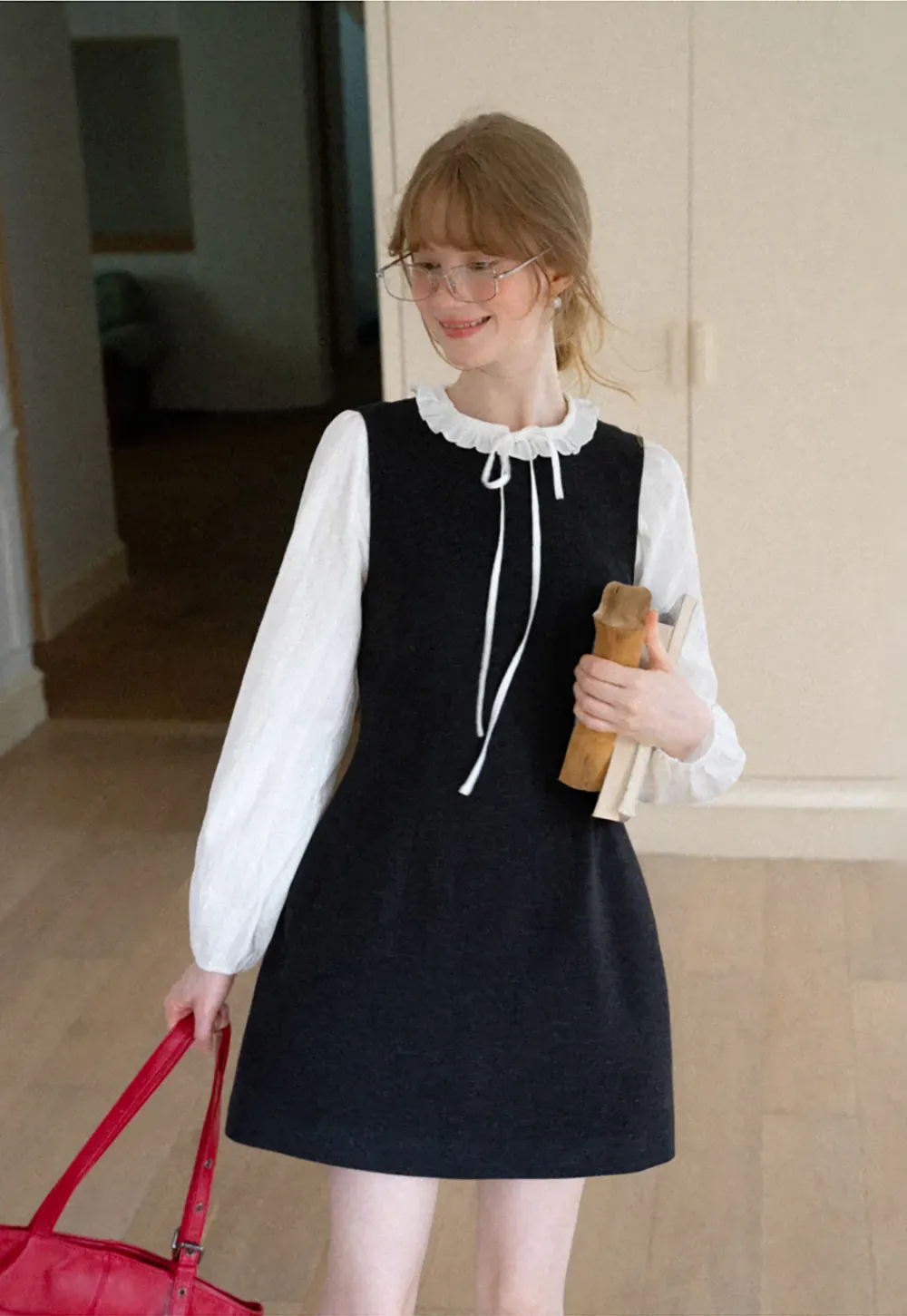Ruffled Collar Bow Tie Sleeveless Dress with Long Sleeve Blouse