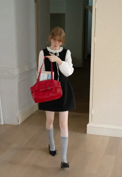 Ruffled Collar Bow Tie Sleeveless Dress with Long Sleeve Blouse