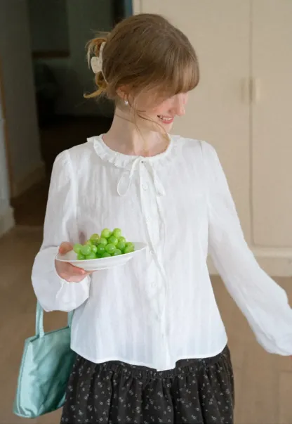Ruffled Collar Bow Tie Sleeveless Dress with Long Sleeve Blouse