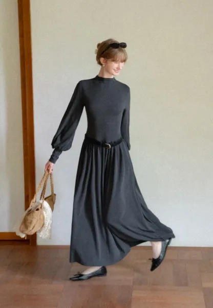 High Neck Long Sleeve Balloon Sleeve Maxi Dress