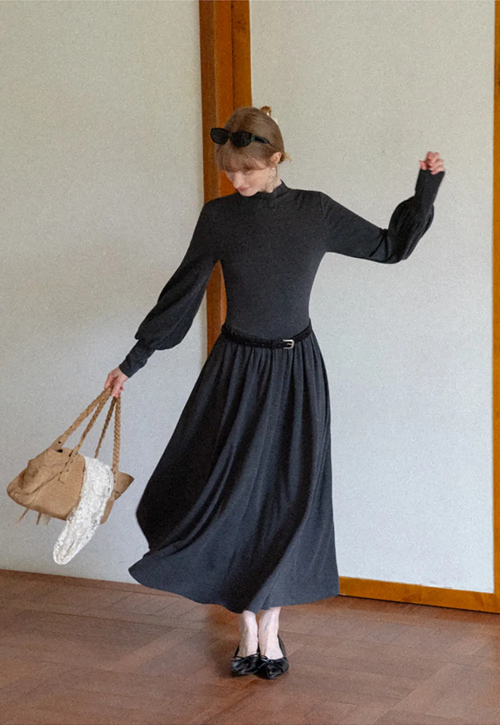 High Neck Long Sleeve Balloon Sleeve Maxi Dress