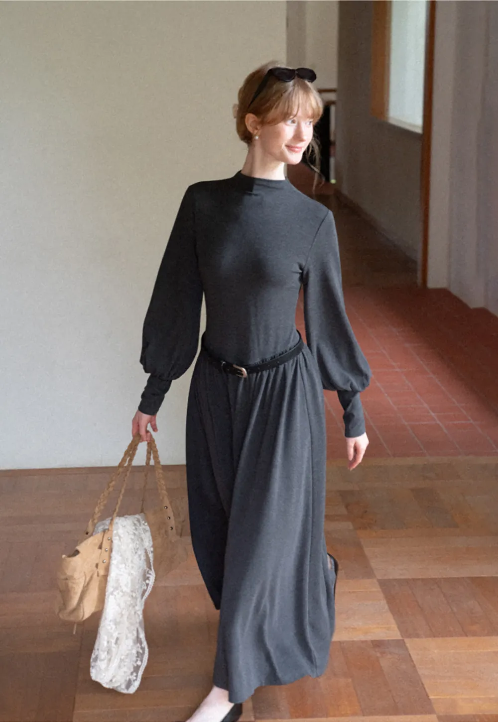 High Neck Long Sleeve Balloon Sleeve Maxi Dress