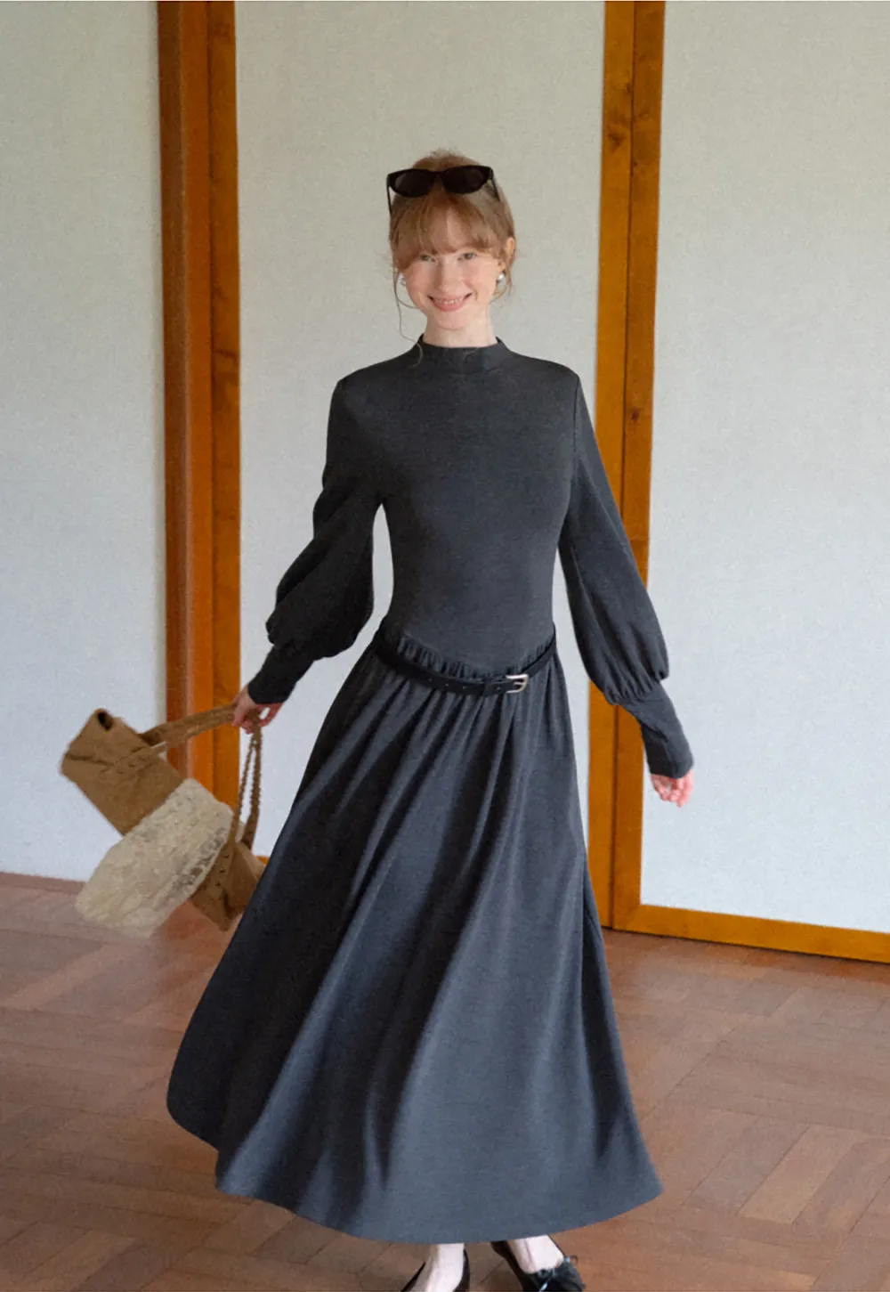 High Neck Long Sleeve Balloon Sleeve Maxi Dress