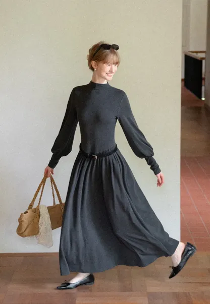 High Neck Long Sleeve Balloon Sleeve Maxi Dress