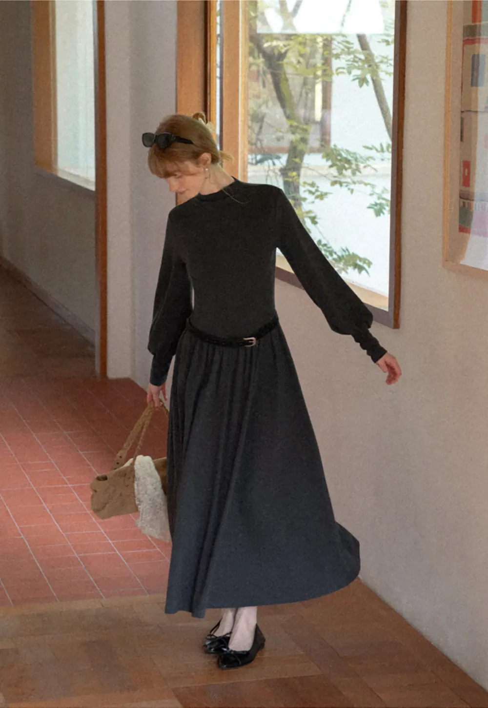 High Neck Long Sleeve Balloon Sleeve Maxi Dress