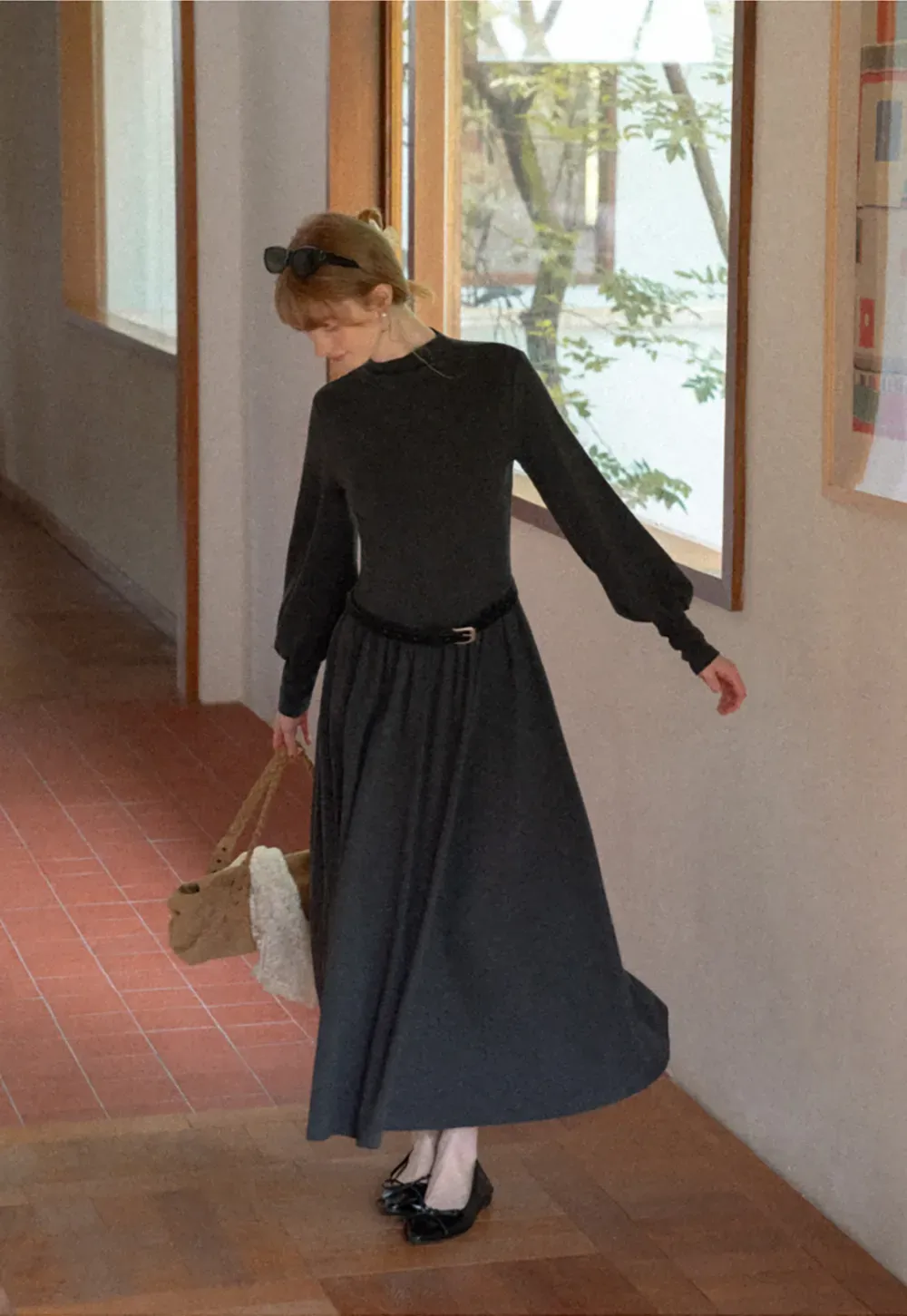 High Neck Long Sleeve Balloon Sleeve Maxi Dress
