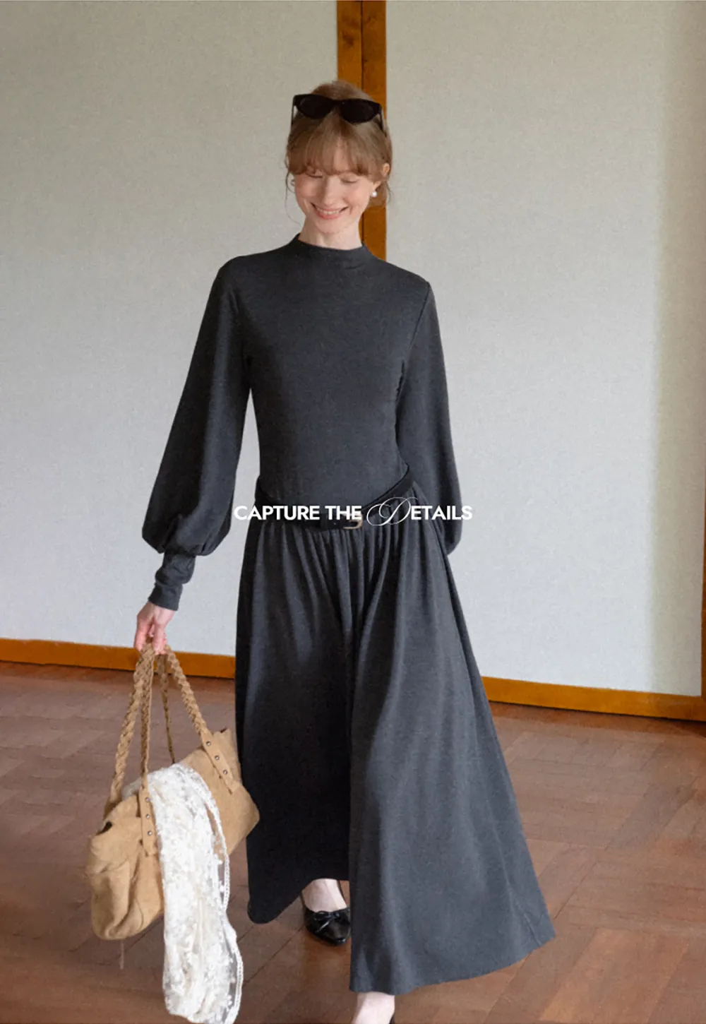 High Neck Long Sleeve Balloon Sleeve Maxi Dress
