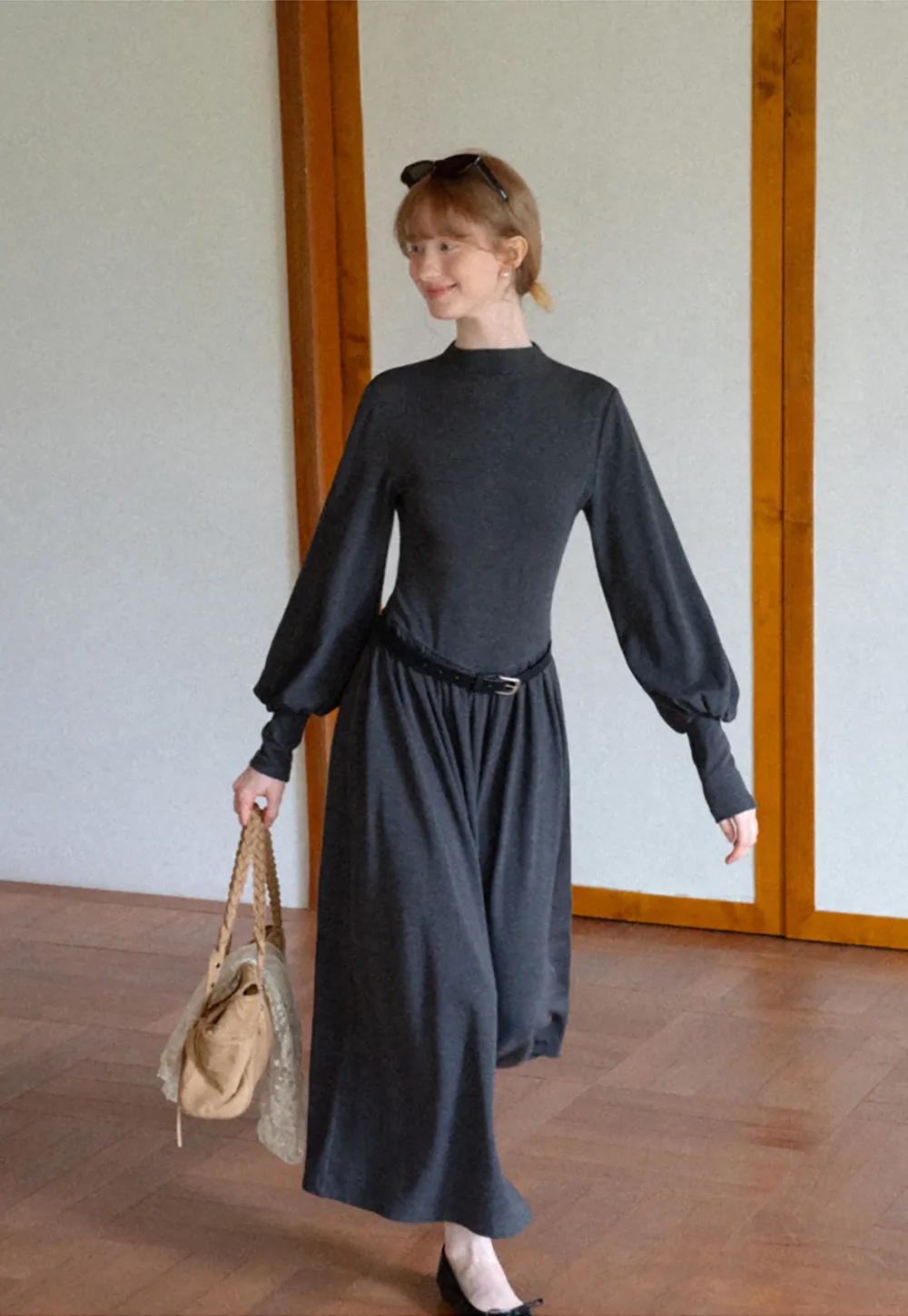 High Neck Long Sleeve Balloon Sleeve Maxi Dress