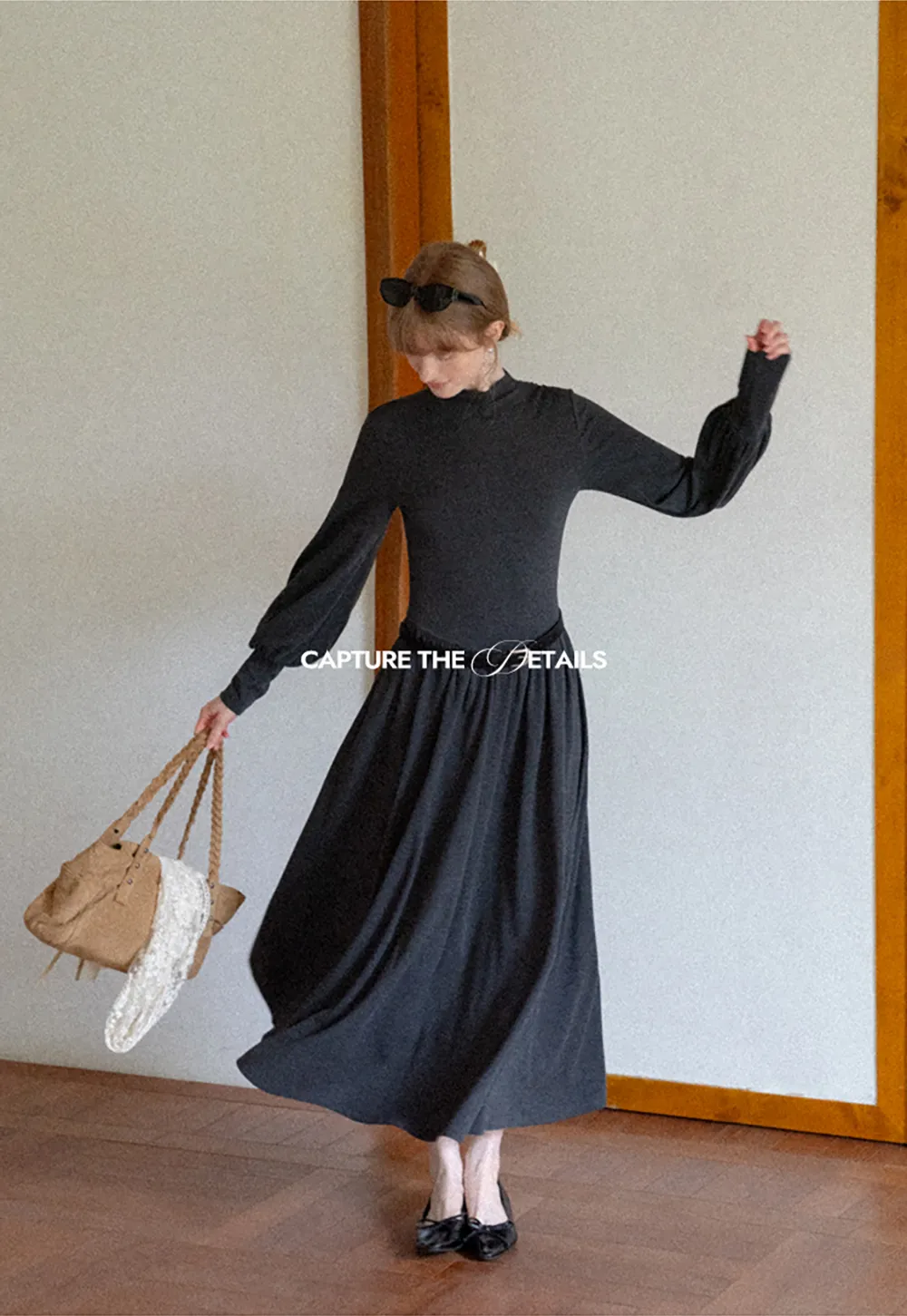 High Neck Long Sleeve Balloon Sleeve Maxi Dress