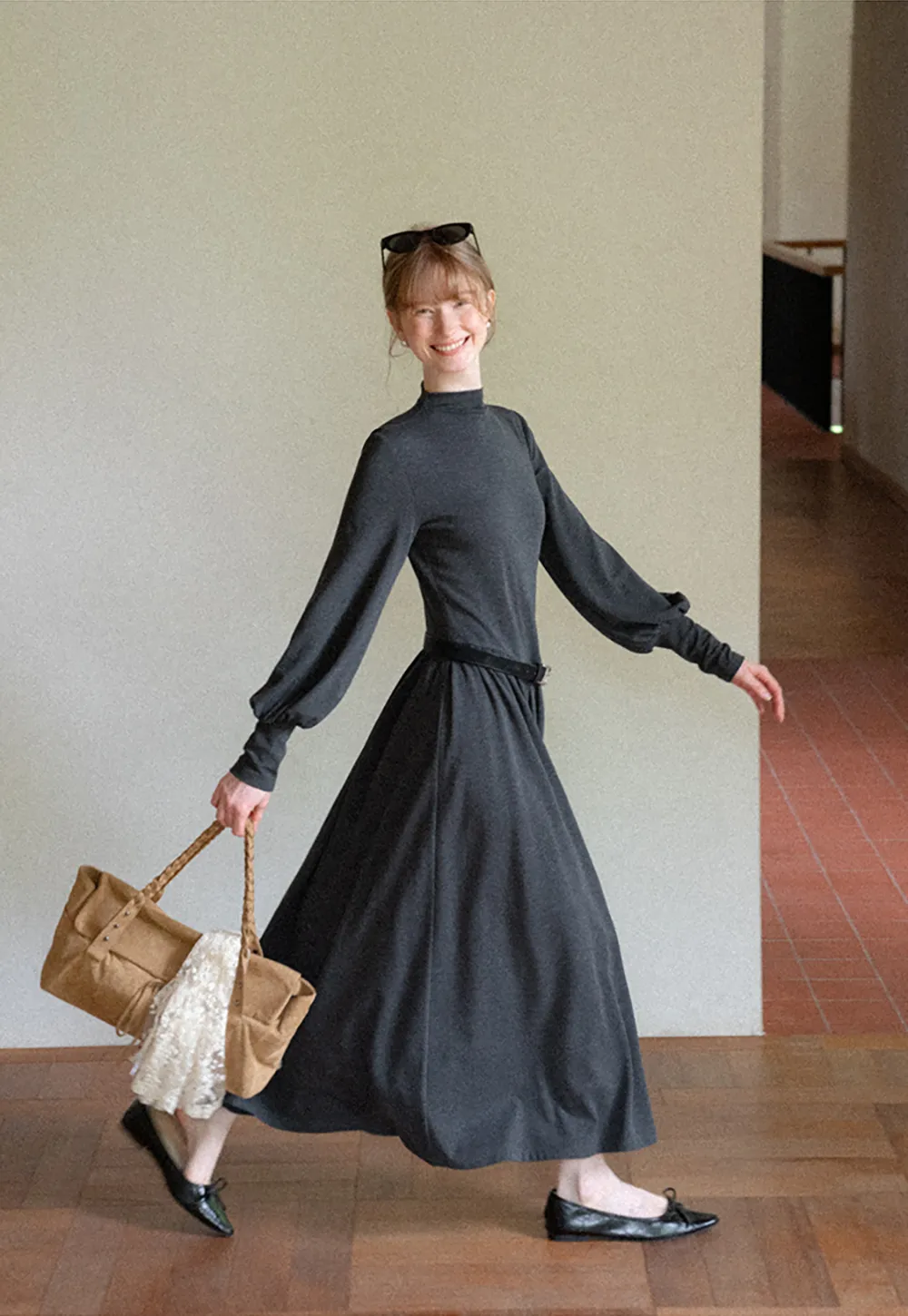 High Neck Long Sleeve Balloon Sleeve Maxi Dress