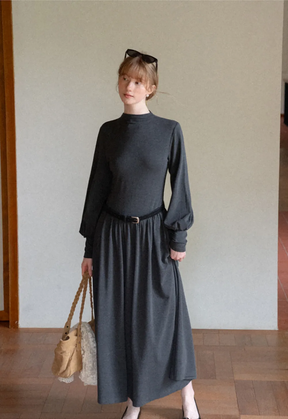 High Neck Long Sleeve Balloon Sleeve Maxi Dress