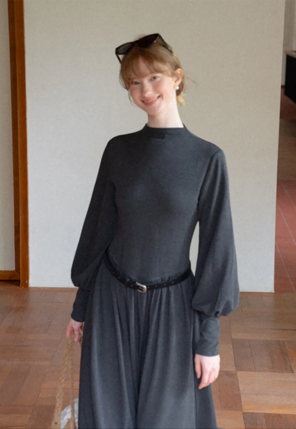 High Neck Long Sleeve Balloon Sleeve Maxi Dress