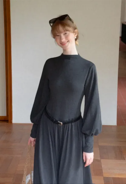 High Neck Long Sleeve Balloon Sleeve Maxi Dress