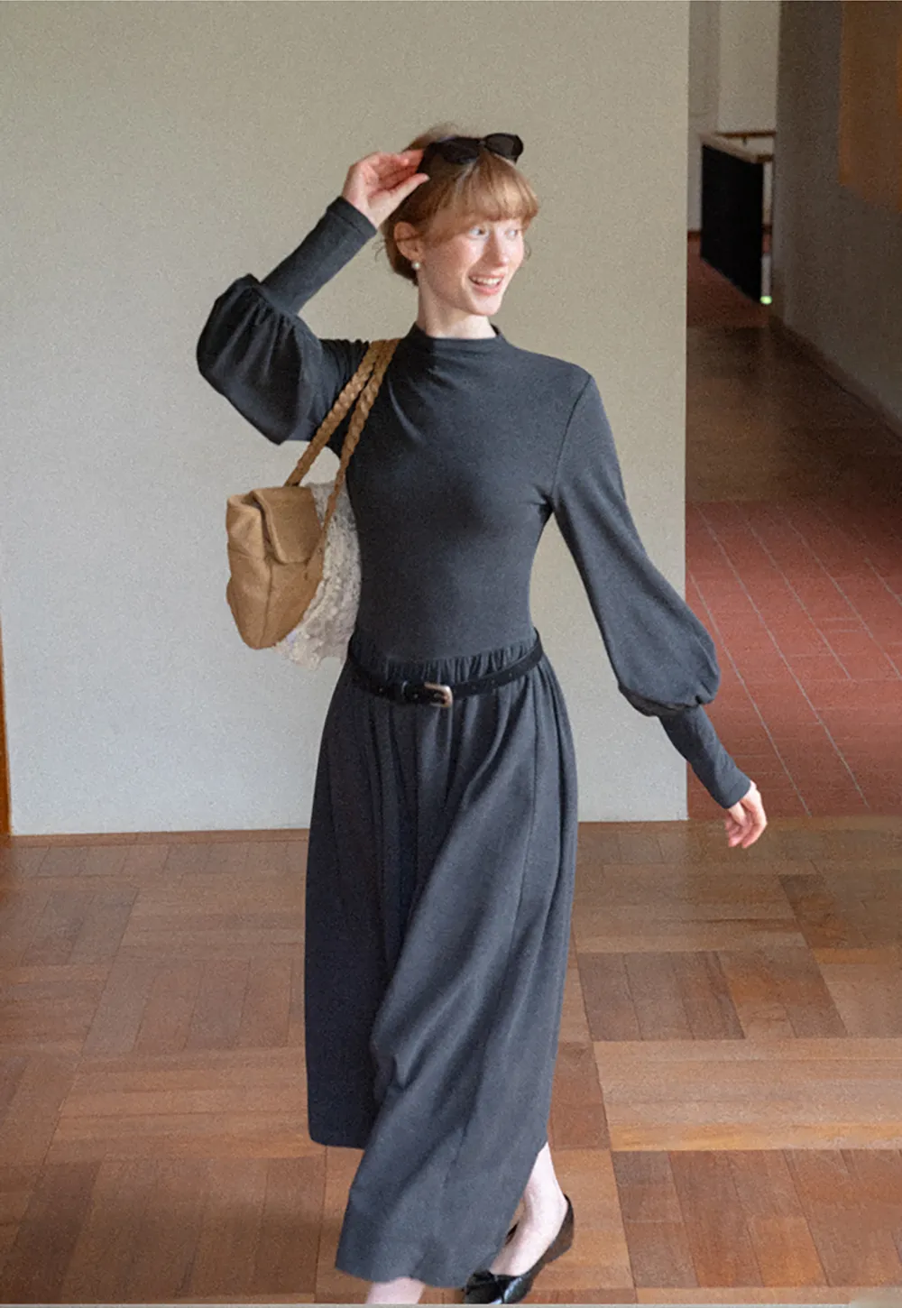 High Neck Long Sleeve Balloon Sleeve Maxi Dress