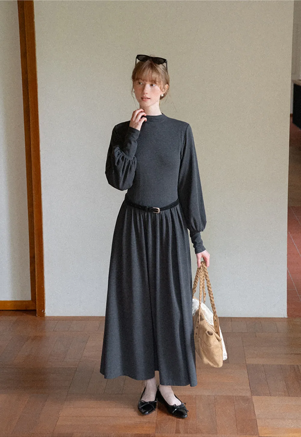 High Neck Long Sleeve Balloon Sleeve Maxi Dress
