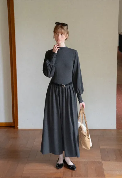 High Neck Long Sleeve Balloon Sleeve Maxi Dress