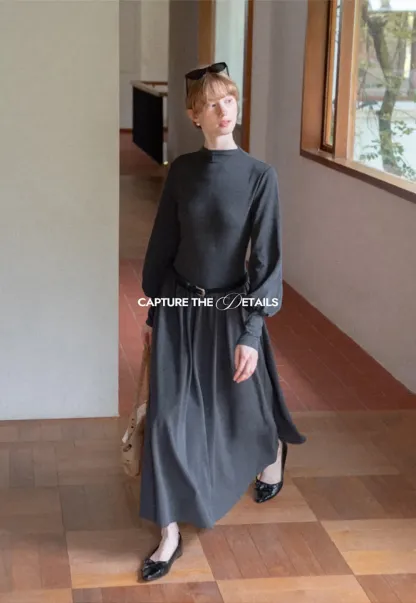 High Neck Long Sleeve Balloon Sleeve Maxi Dress
