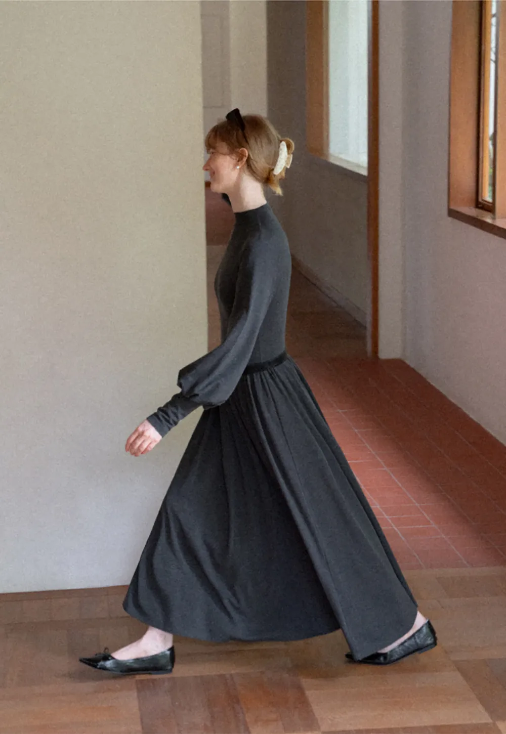 High Neck Long Sleeve Balloon Sleeve Maxi Dress