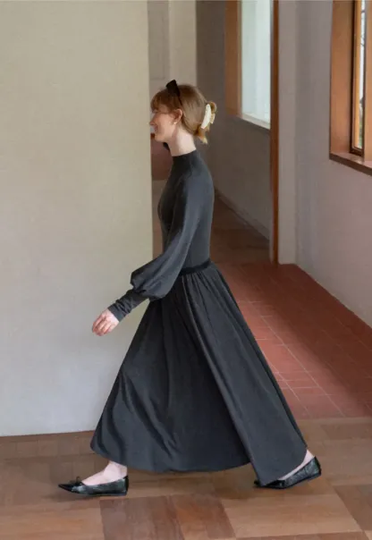 High Neck Long Sleeve Balloon Sleeve Maxi Dress