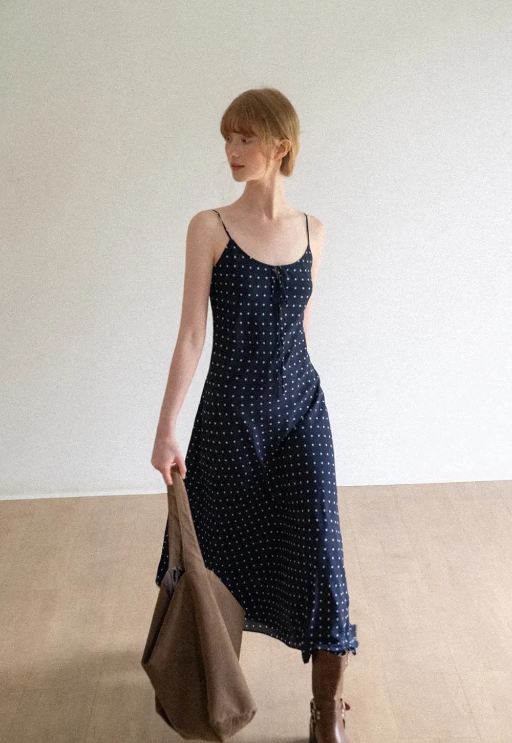 Polka Dot Print Slip Dress with Adjustable Front Tie