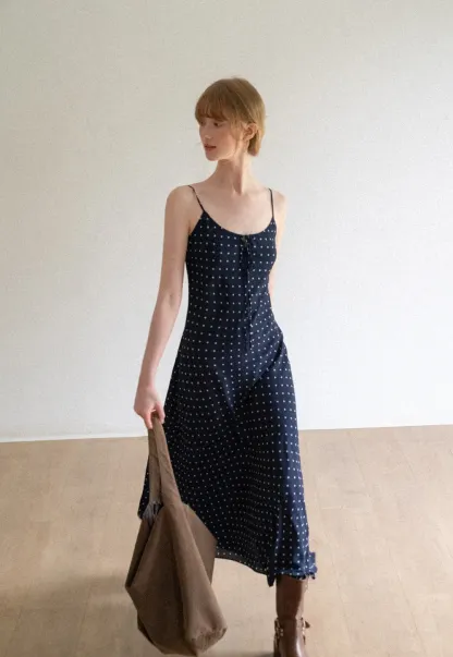 Polka Dot Print Slip Dress with Adjustable Front Tie