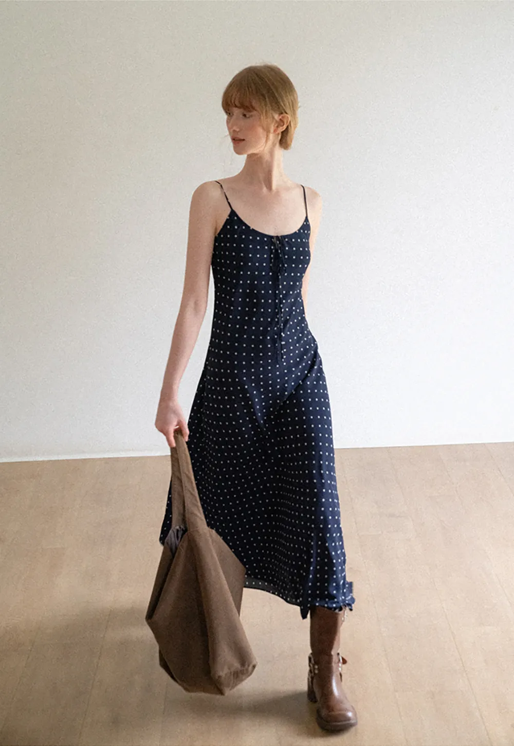 Polka Dot Print Slip Dress with Adjustable Front Tie