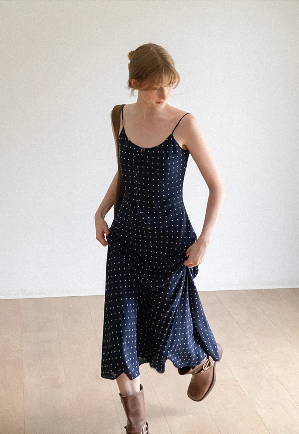 Polka Dot Print Slip Dress with Adjustable Front Tie