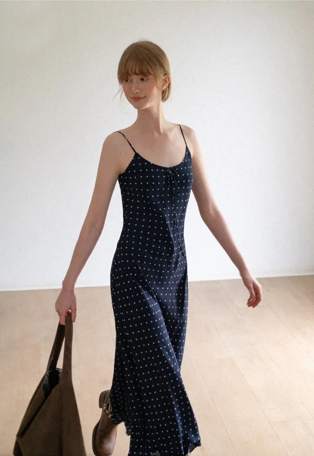 Polka Dot Print Slip Dress with Adjustable Front Tie